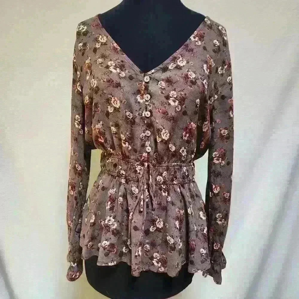 Maurices XS BoHo Warm Brown Floral Cinched Waist Long Sleeve Peplum Skirt Top
